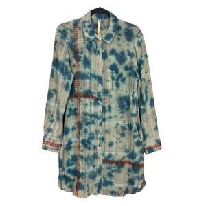 Uncle Frank Tie Dye Shirt Dress Long Sleeve Blue Boho Embroidered Size Small S